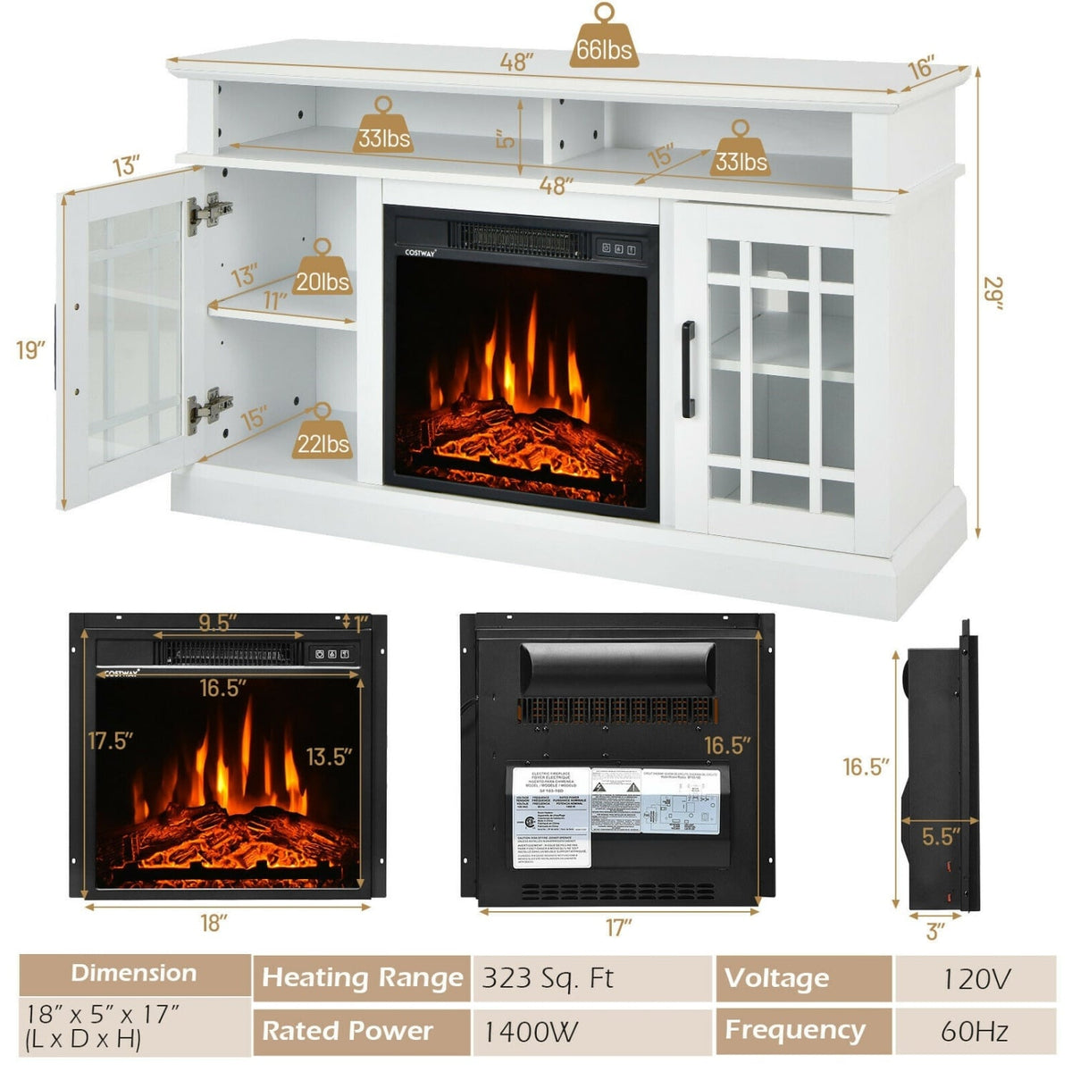 48 Inch Electric Fireplace TV Stand with Cabinets for TVs Up to 50 Inch-White-Entertainment Centers & TV Stands-DECOROLALA