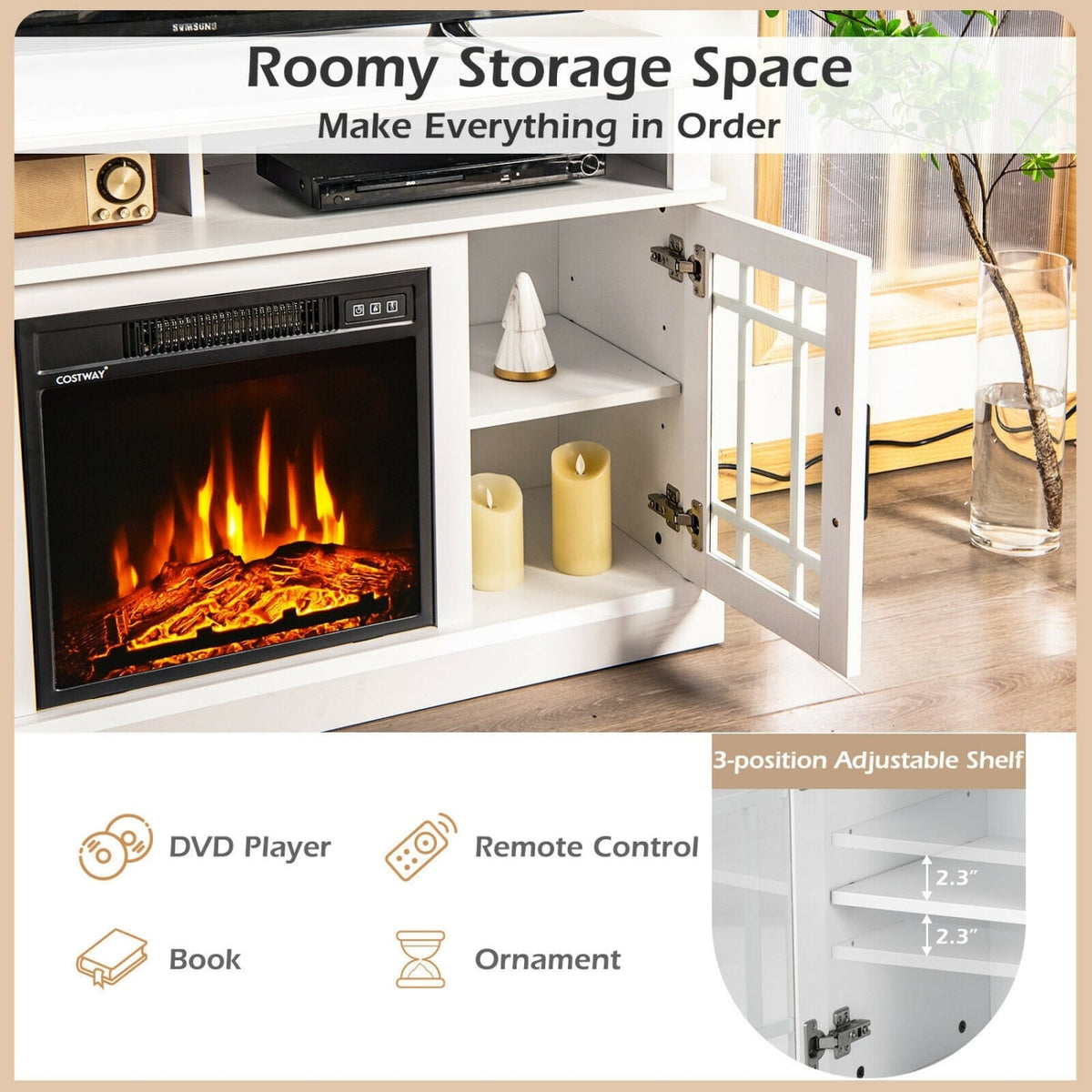 48 Inch Electric Fireplace TV Stand with Cabinets for TVs Up to 50 Inch-White-Entertainment Centers & TV Stands-DECOROLALA
