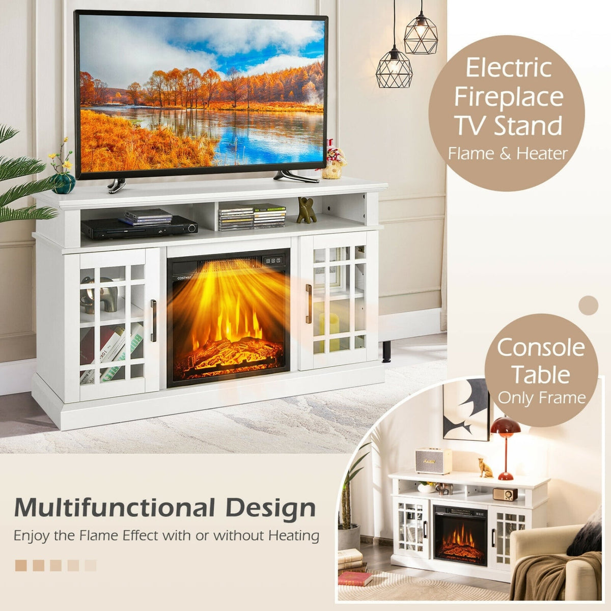 48 Inch Electric Fireplace TV Stand with Cabinets for TVs Up to 50 Inch-White-Entertainment Centers & TV Stands-DECOROLALA
