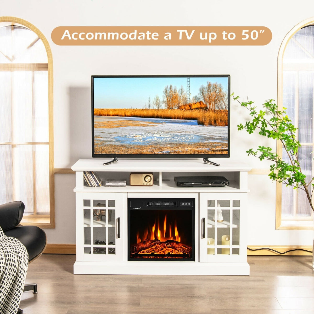 48 Inch Electric Fireplace TV Stand with Cabinets for TVs Up to 50 Inch-White-Entertainment Centers & TV Stands-DECOROLALA