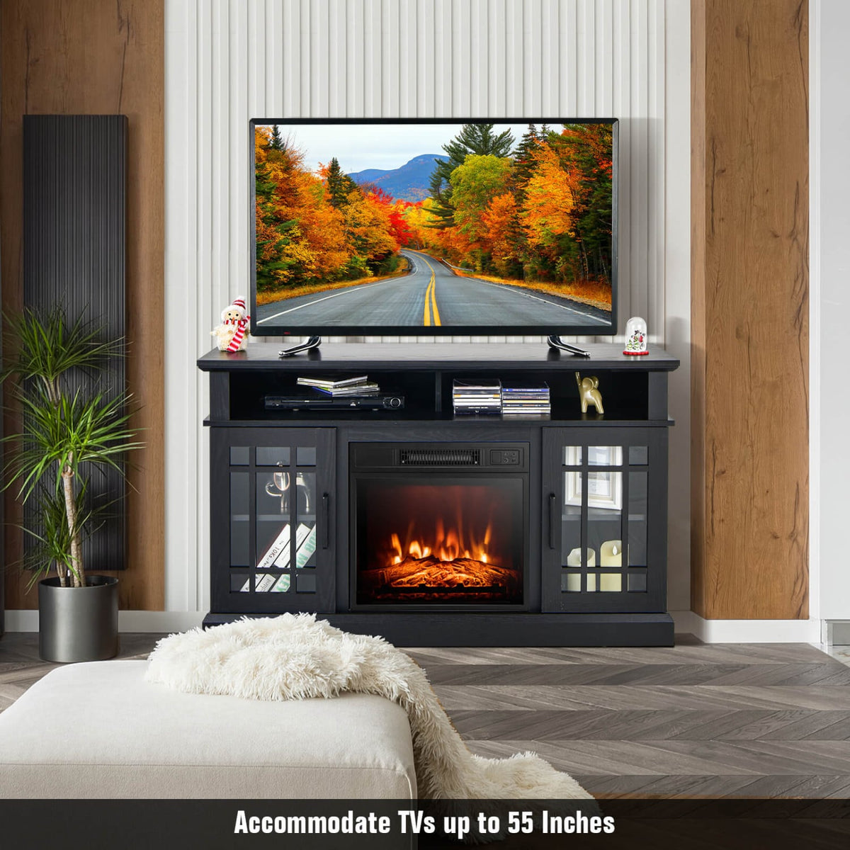 48 Inch Electric Fireplace TV Stand with Cabinets for TVs Up to 55 Inch-Black-Entertainment Centers & TV Stands-DECOROLALA