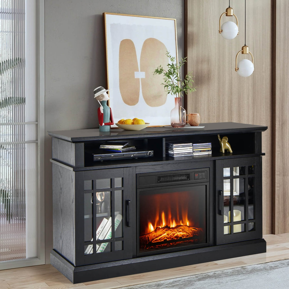 48 Inch Electric Fireplace TV Stand with Cabinets for TVs Up to 55 Inch-Black-Entertainment Centers & TV Stands-DECOROLALA