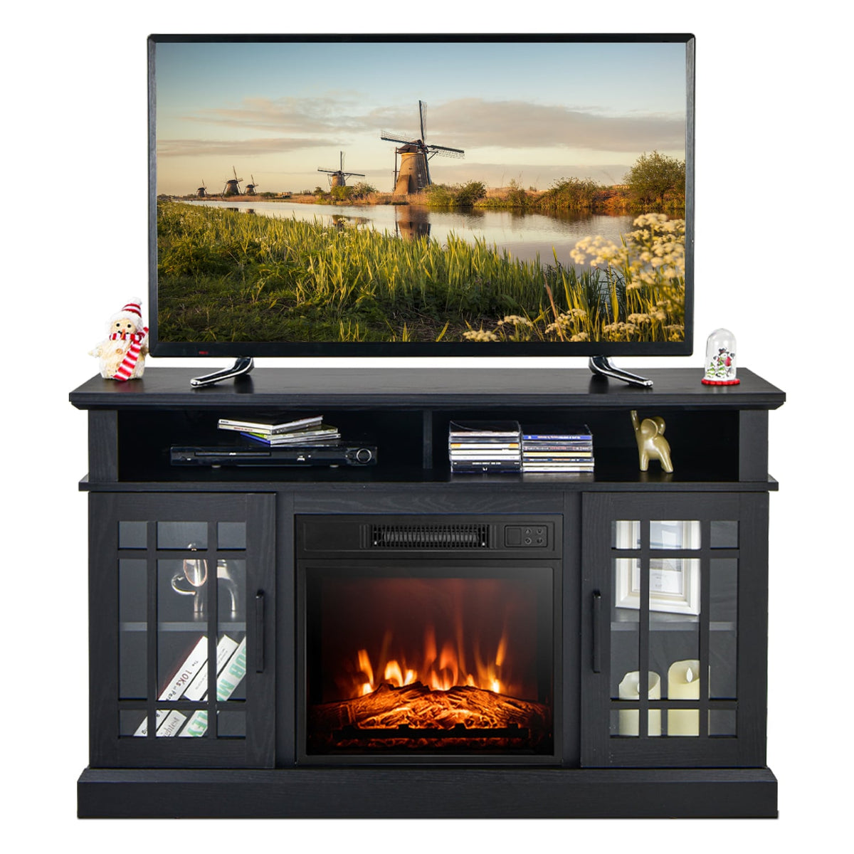 48 Inch Electric Fireplace TV Stand with Cabinets for TVs Up to 55 Inch-Black-Entertainment Centers & TV Stands-DECOROLALA