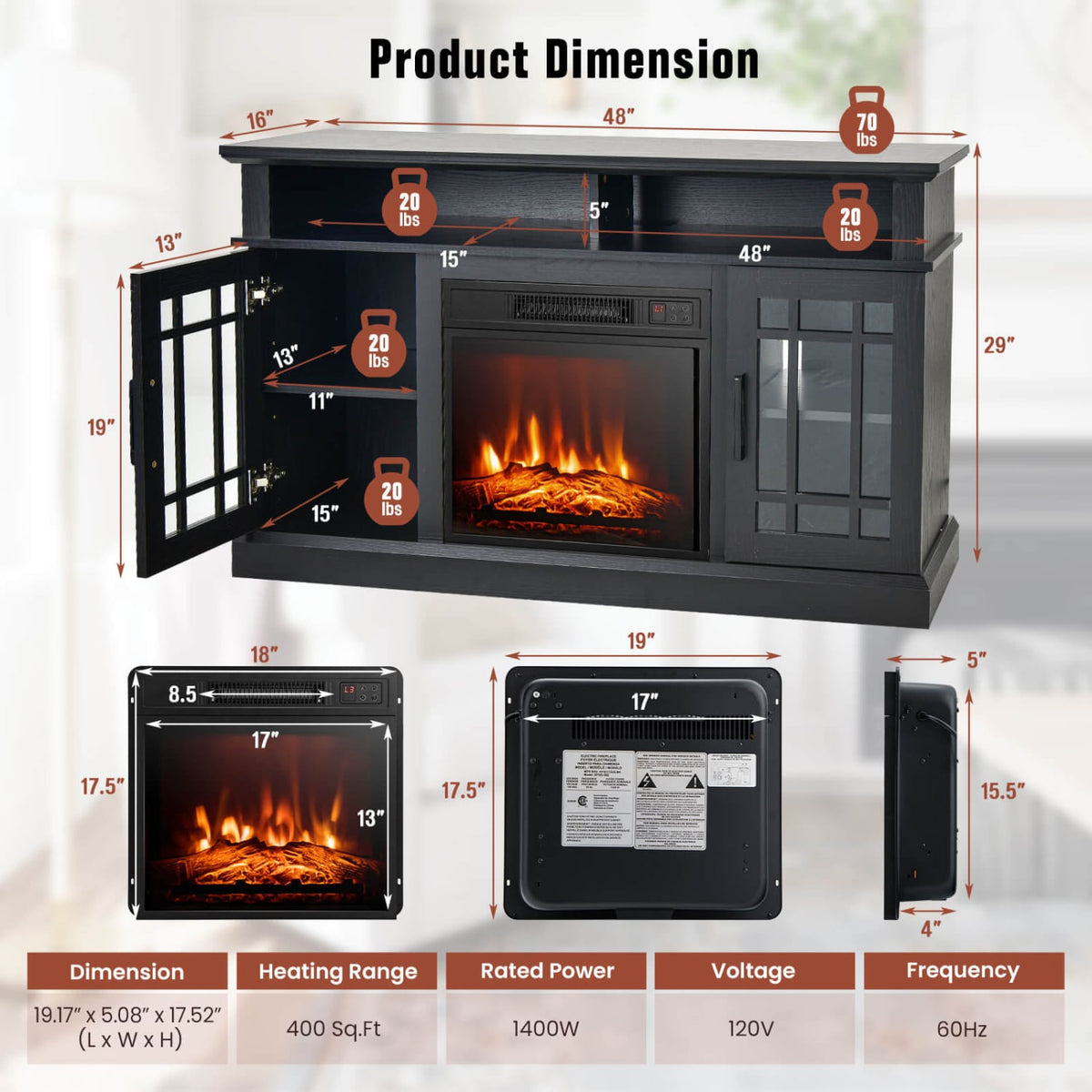 48 Inch Electric Fireplace TV Stand with Cabinets for TVs Up to 55 Inch-Black-Entertainment Centers & TV Stands-DECOROLALA