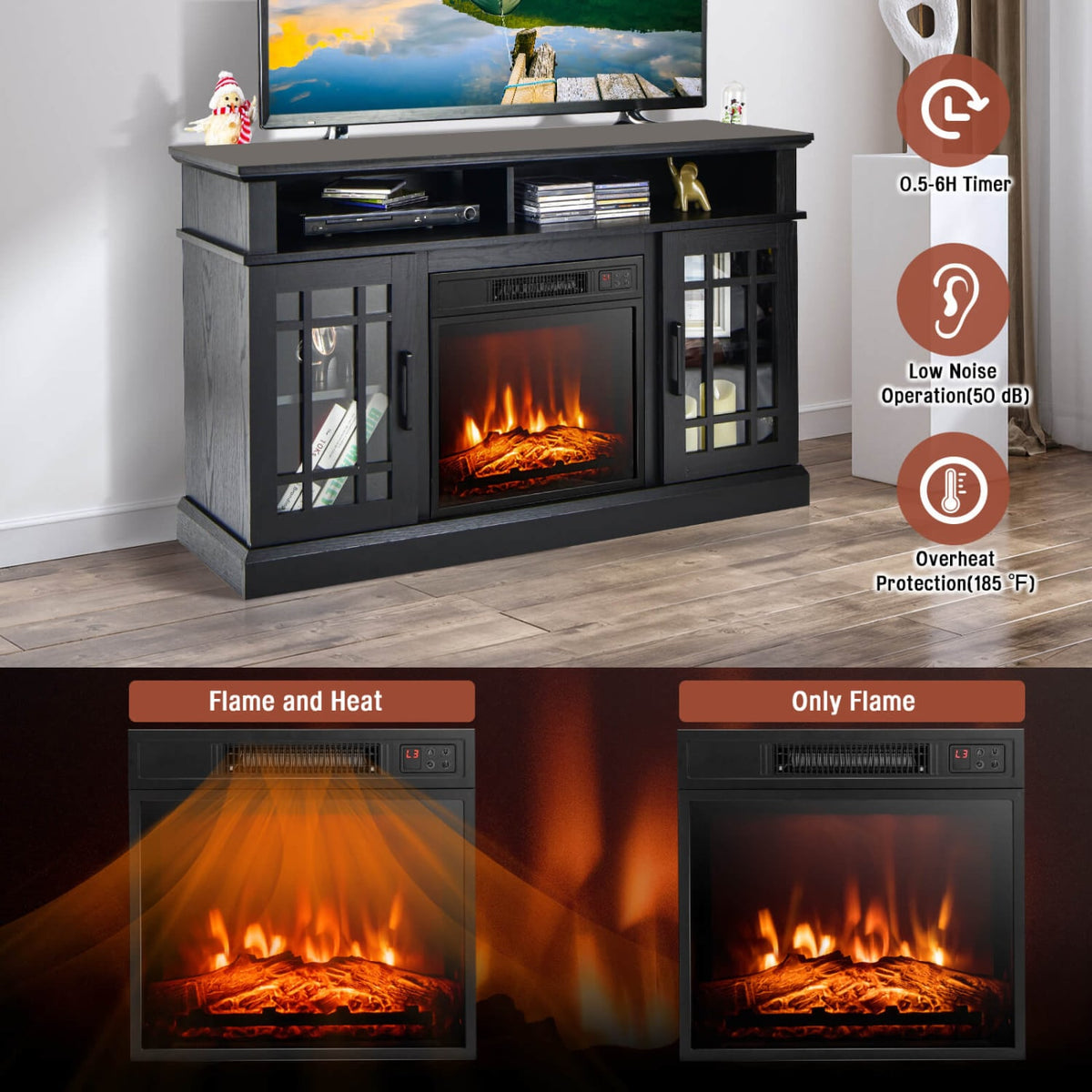 48 Inch Electric Fireplace TV Stand with Cabinets for TVs Up to 55 Inch-Black-Entertainment Centers & TV Stands-DECOROLALA