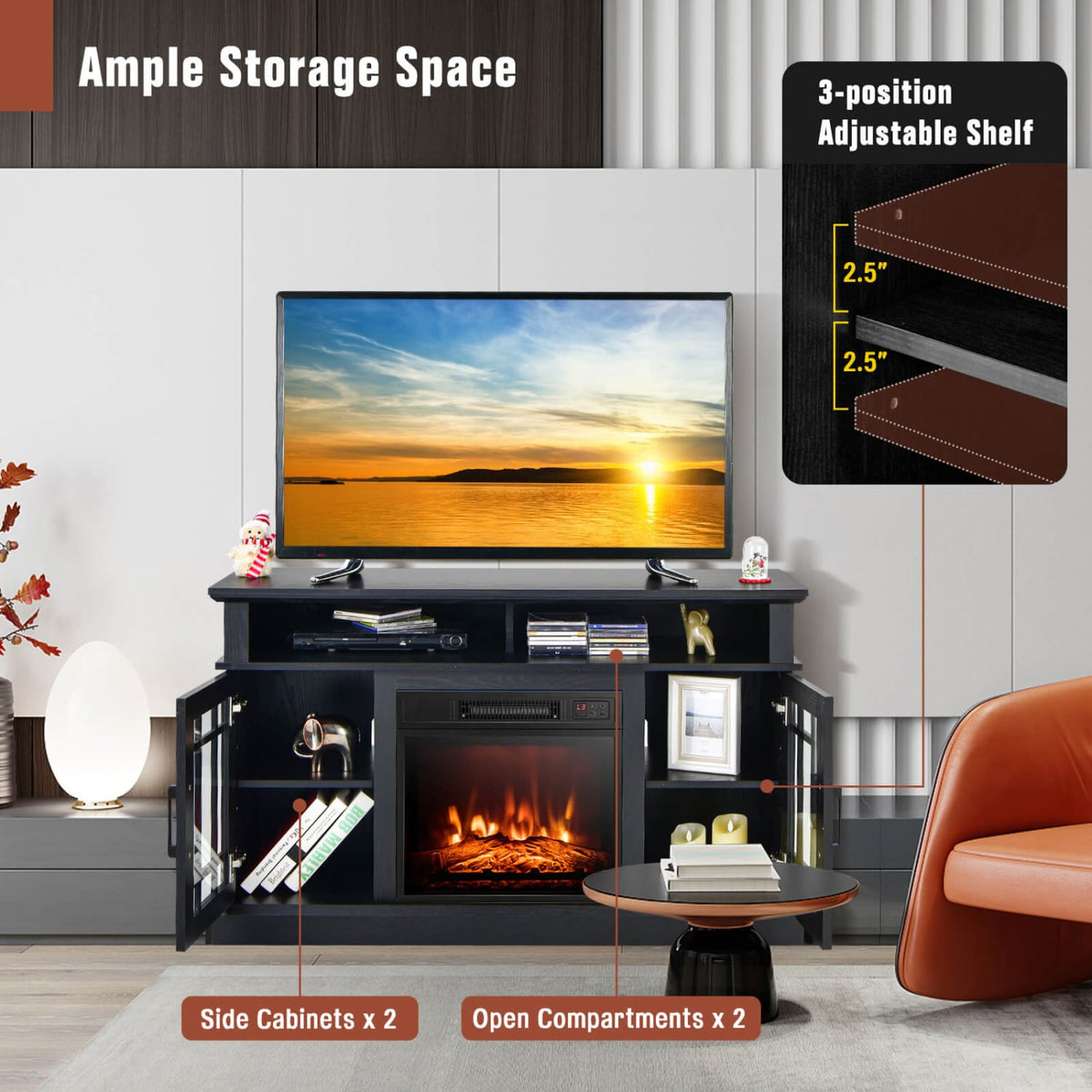 48 Inch Electric Fireplace TV Stand with Cabinets for TVs Up to 55 Inch-Black-Entertainment Centers & TV Stands-DECOROLALA