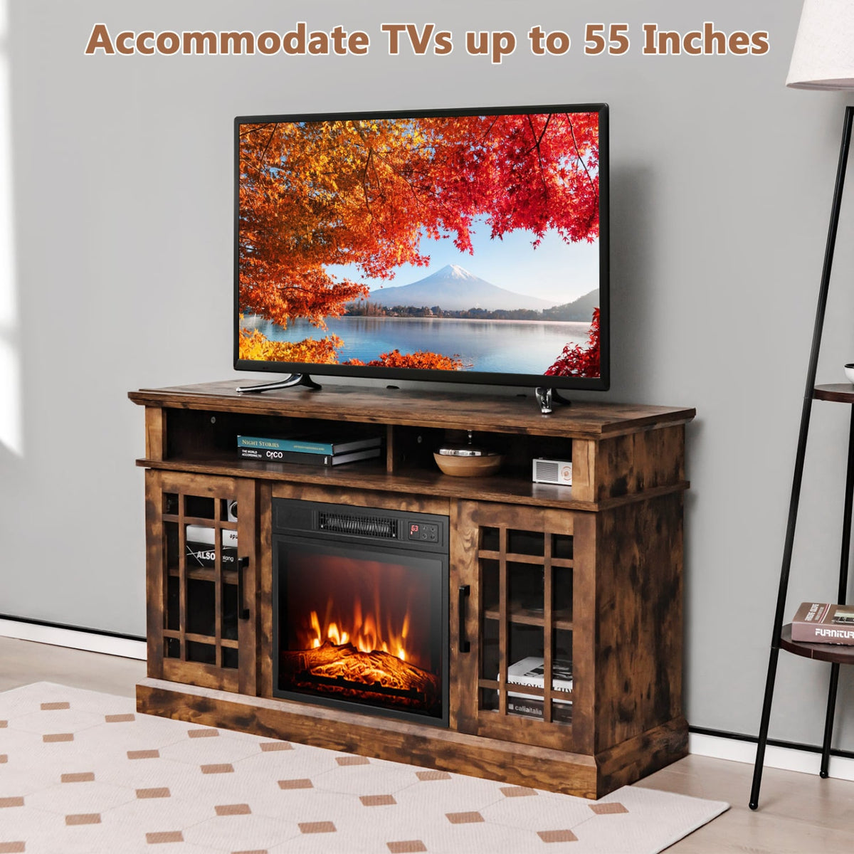 48 Inch Electric Fireplace TV Stand with Cabinets for TVs Up to 55 Inch-Brown-Entertainment Centers & TV Stands-DECOROLALA