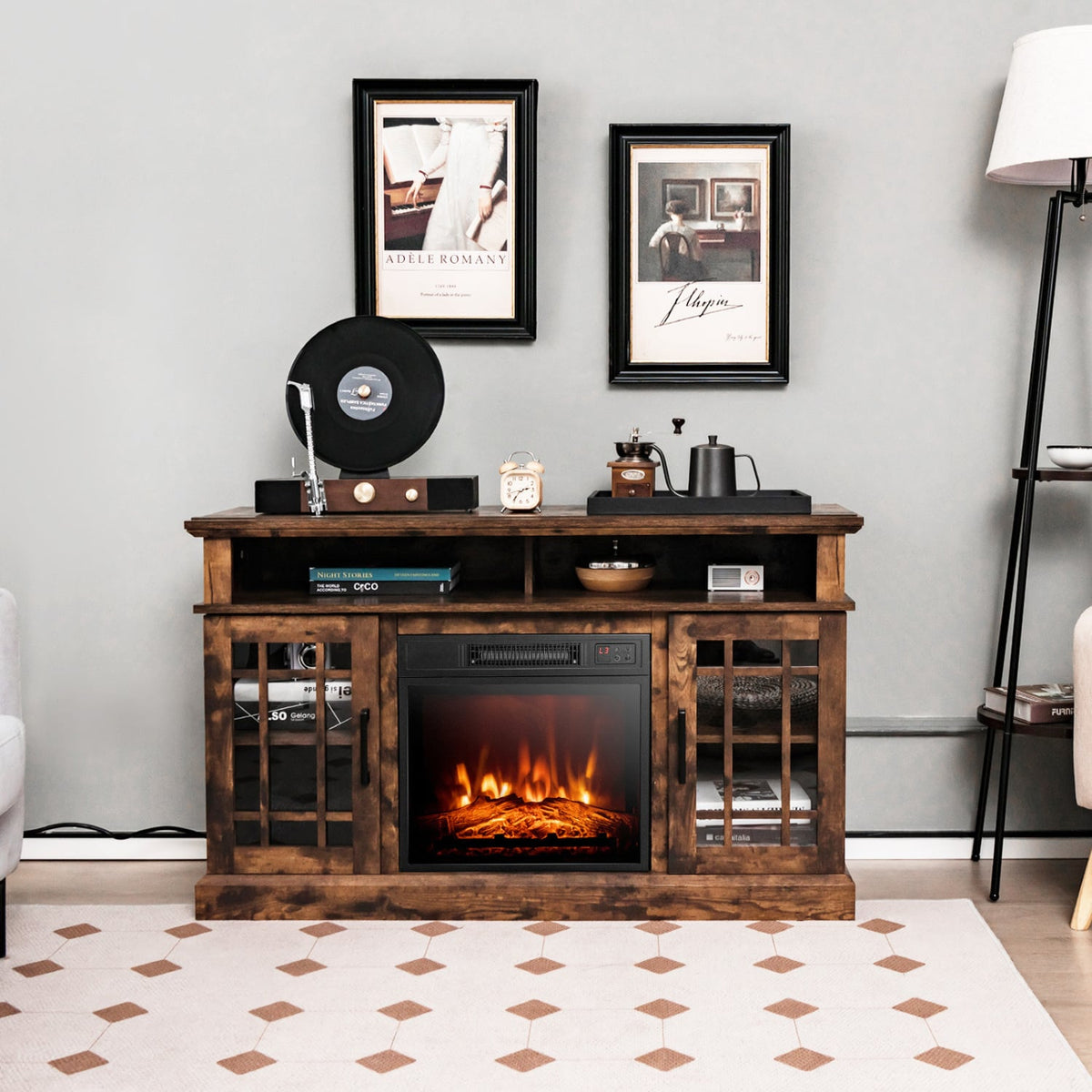48 Inch Electric Fireplace TV Stand with Cabinets for TVs Up to 55 Inch-Brown-Entertainment Centers & TV Stands-DECOROLALA