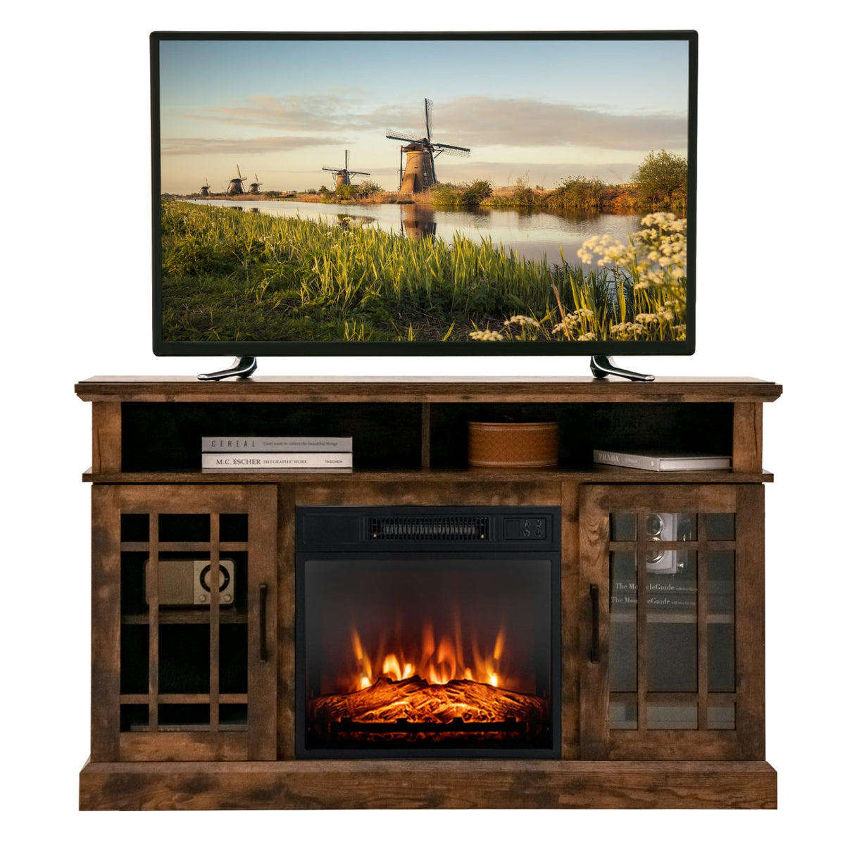 48 Inch Electric Fireplace TV Stand with Cabinets for TVs Up to 55 Inch-Brown-Entertainment Centers & TV Stands-DECOROLALA