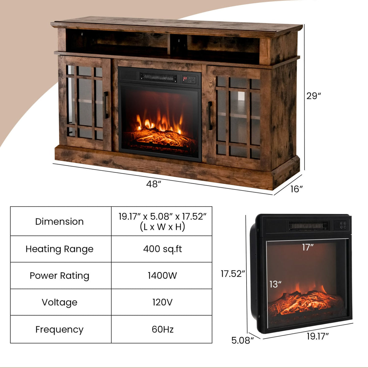 48 Inch Electric Fireplace TV Stand with Cabinets for TVs Up to 55 Inch-Brown-Entertainment Centers & TV Stands-DECOROLALA
