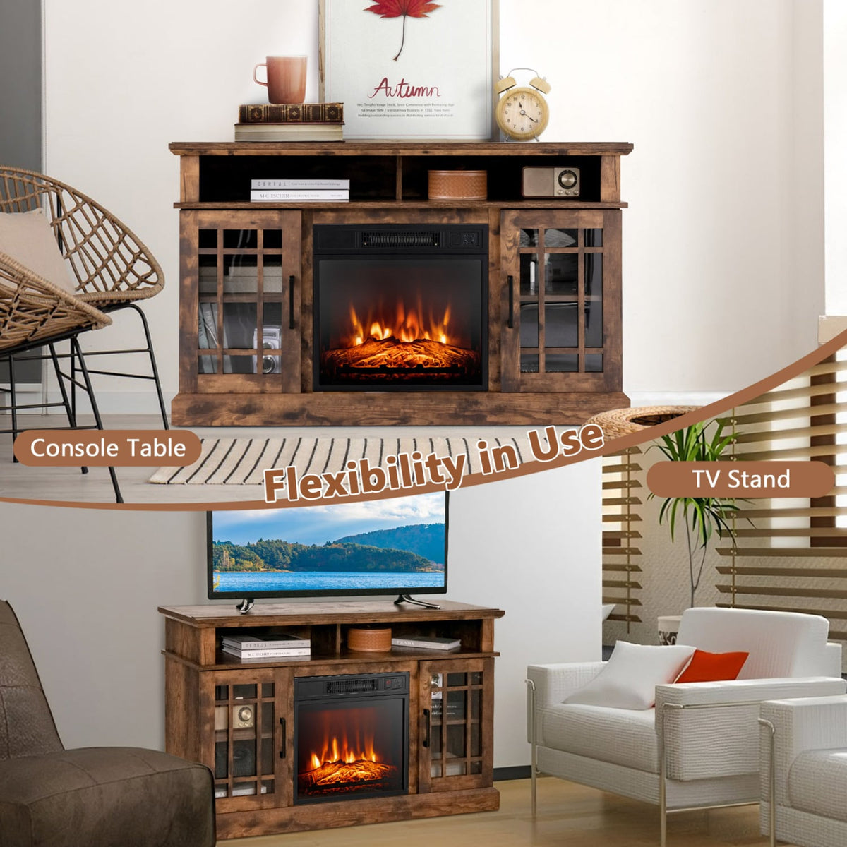 48 Inch Electric Fireplace TV Stand with Cabinets for TVs Up to 55 Inch-Brown-Entertainment Centers & TV Stands-DECOROLALA