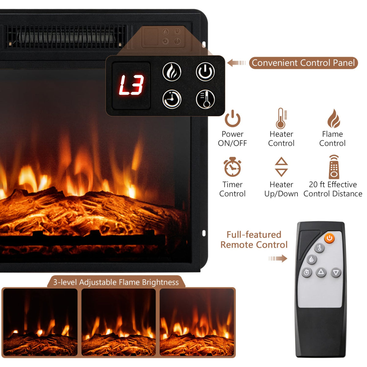 48 Inch Electric Fireplace TV Stand with Cabinets for TVs Up to 55 Inch-Brown-Entertainment Centers & TV Stands-DECOROLALA