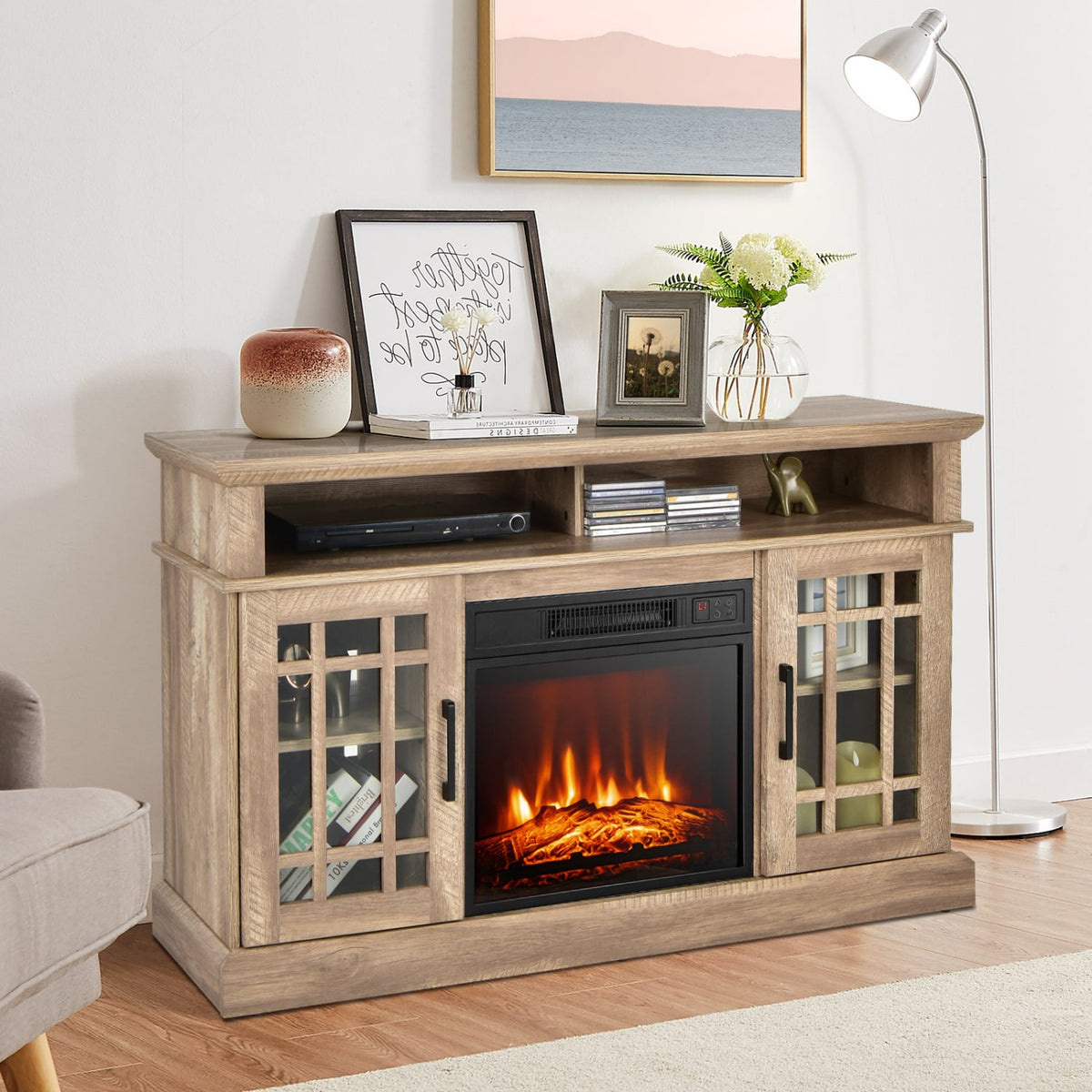 48 Inch Electric Fireplace TV Stand with Cabinets for TVs Up to 55 Inch-Natural-Entertainment Centers & TV Stands-DECOROLALA