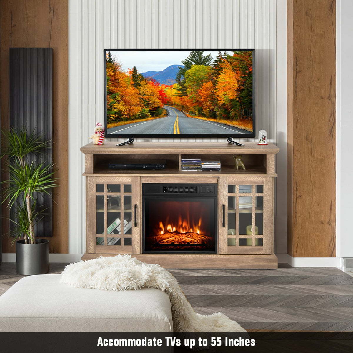 48 Inch Electric Fireplace TV Stand with Cabinets for TVs Up to 55 Inch-Natural-Entertainment Centers & TV Stands-DECOROLALA