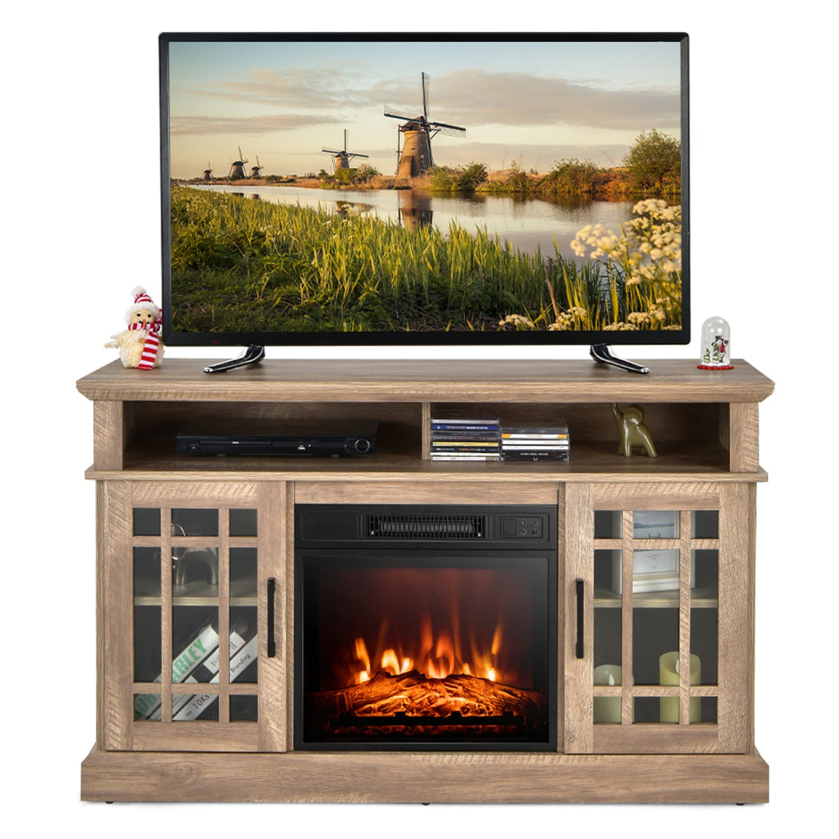 48 Inch Electric Fireplace TV Stand with Cabinets for TVs Up to 55 Inch-Natural-Entertainment Centers & TV Stands-DECOROLALA