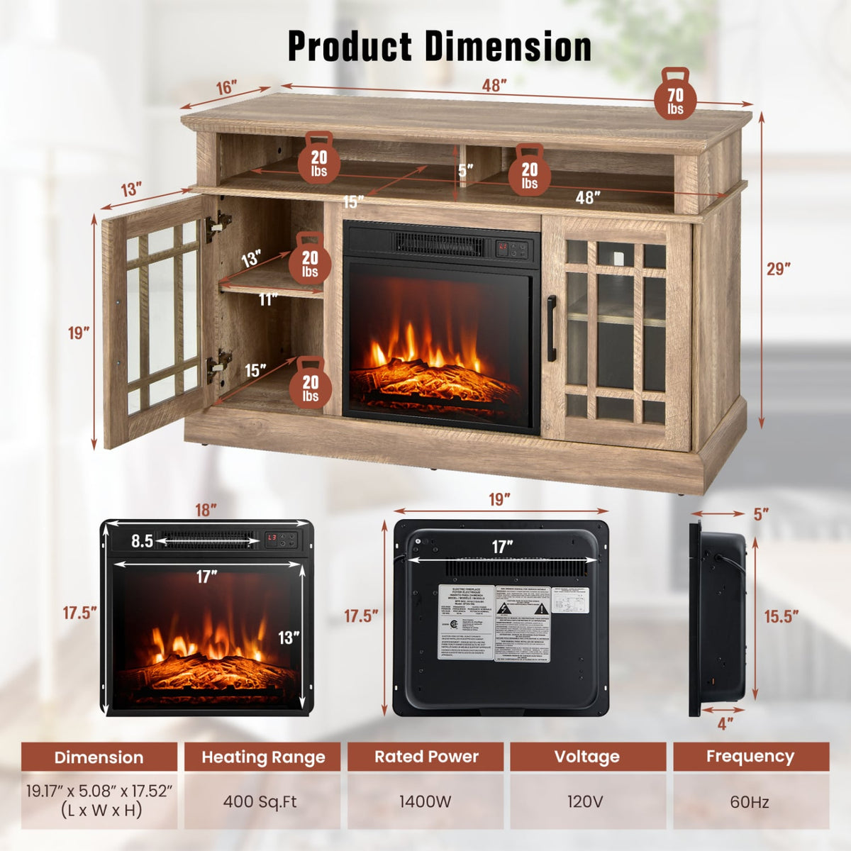48 Inch Electric Fireplace TV Stand with Cabinets for TVs Up to 55 Inch-Natural-Entertainment Centers & TV Stands-DECOROLALA