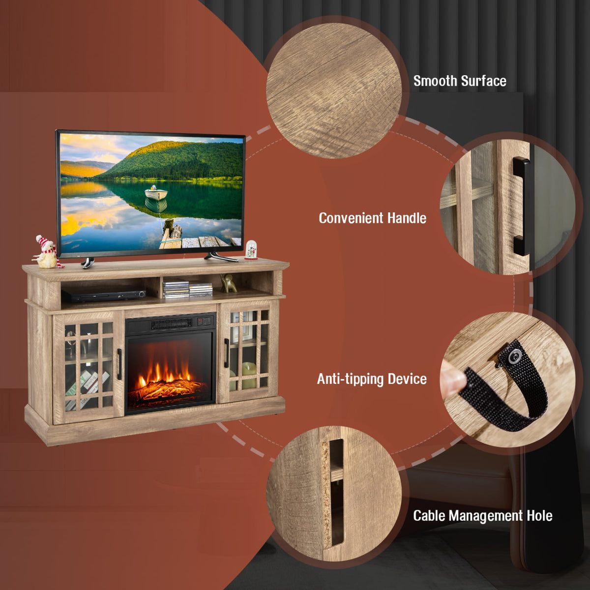 48 Inch Electric Fireplace TV Stand with Cabinets for TVs Up to 55 Inch-Natural-Entertainment Centers & TV Stands-DECOROLALA