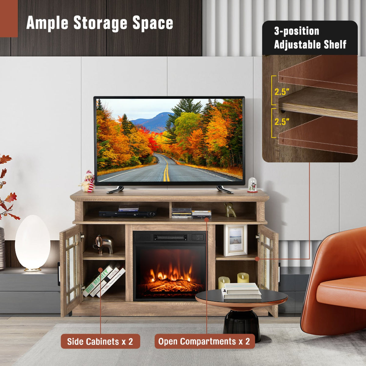 48 Inch Electric Fireplace TV Stand with Cabinets for TVs Up to 55 Inch-Natural-Entertainment Centers & TV Stands-DECOROLALA
