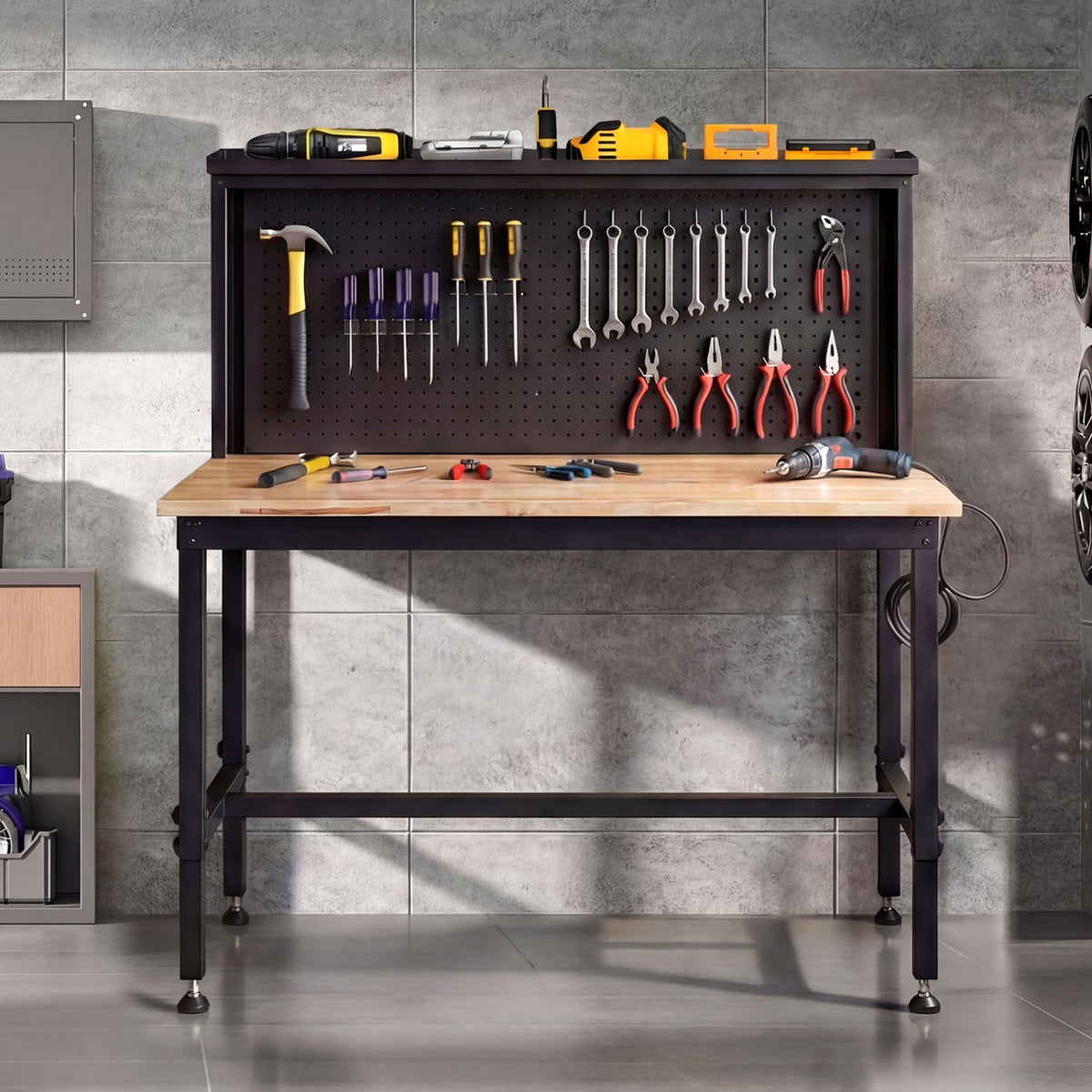 48 Inch Heavy Duty Workbench with AC/USB Outlets and Pegboard-Natural-Garages-DECOROLALA