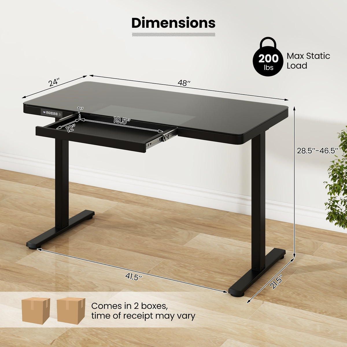 48-Inch Height Adjustable Electric Standing Desk with Drawer-Black-Standing Desks-DECOROLALA