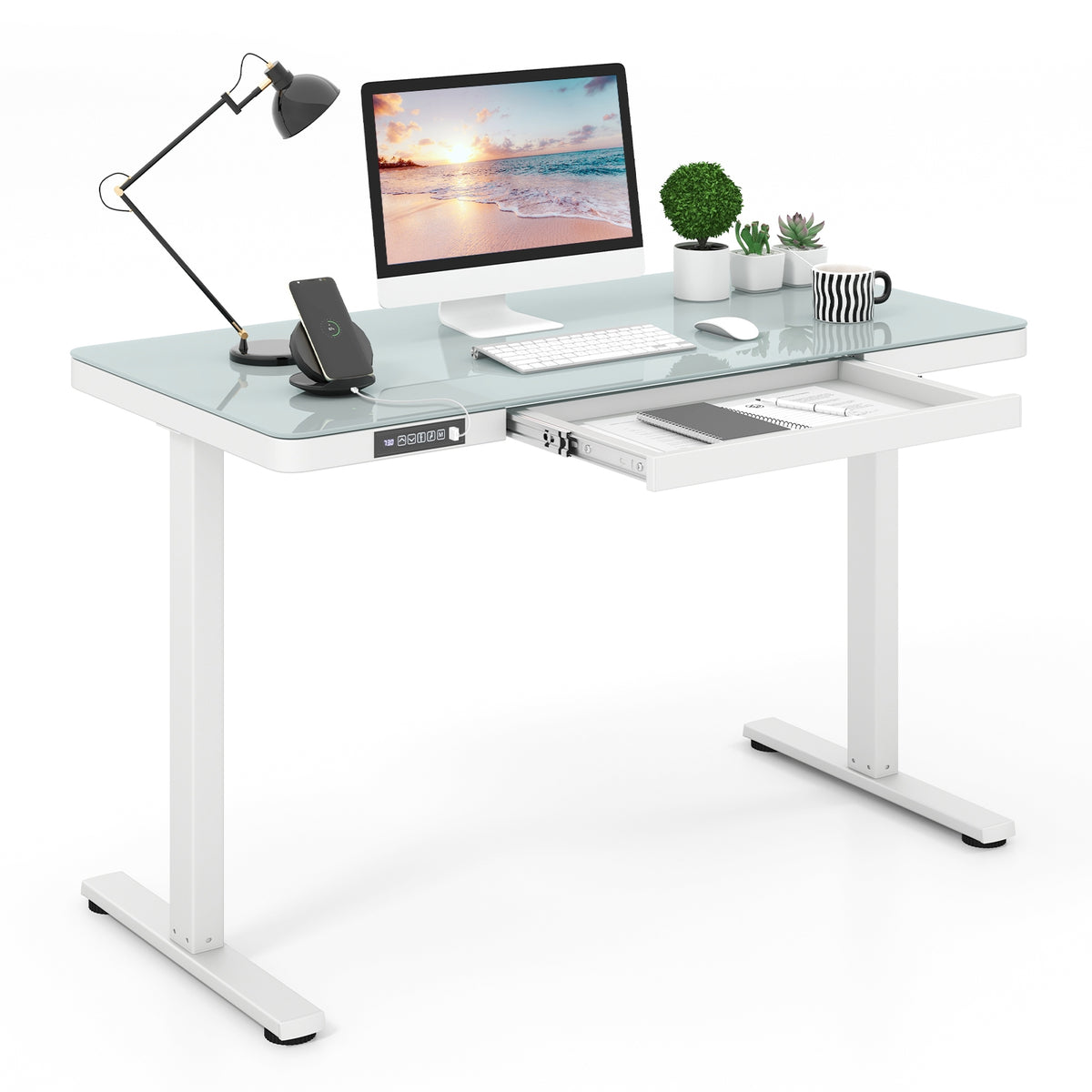 48-Inch Height Adjustable Electric Standing Desk with Drawer-White-Standing Desks-DECOROLALA