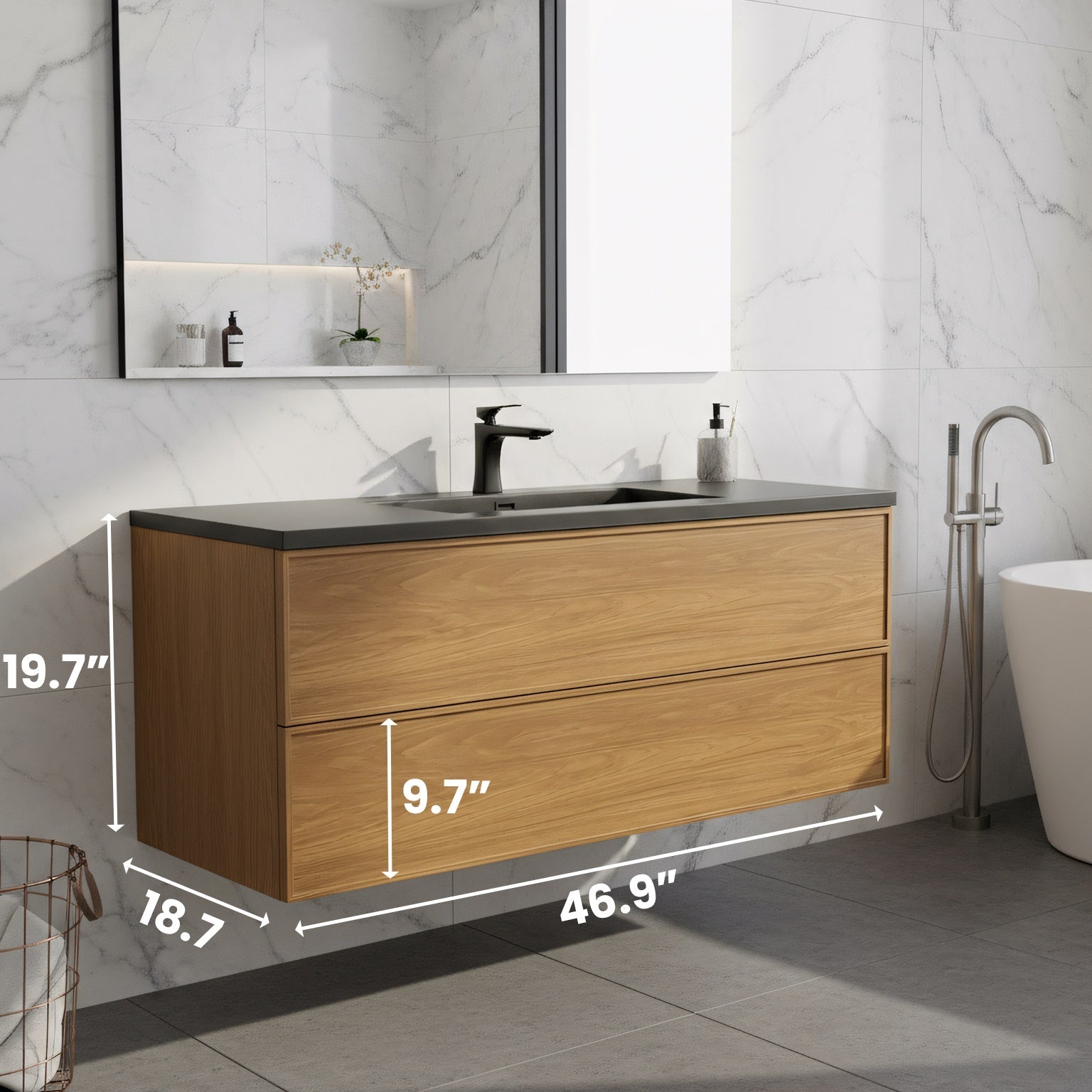 48 Inch Honey Gold Walnut Wall Mounted Bathroom Vanity with Black Engineered Quartz Countertop-Migration_Bathroom Vanities-DECOROLALA