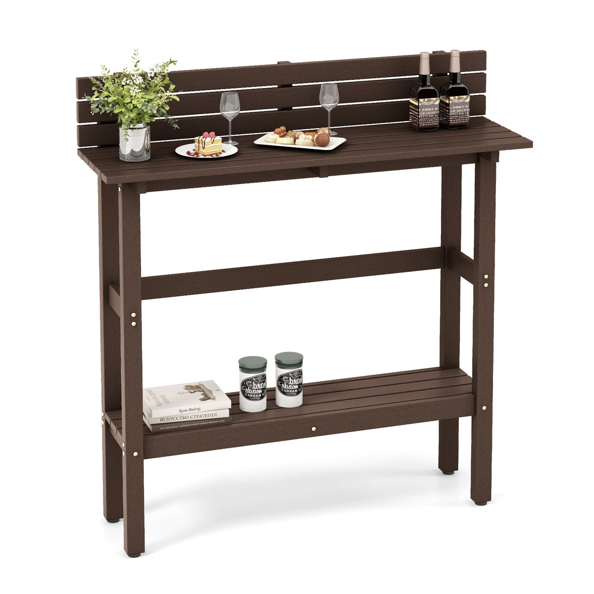 48 Inch Patio Pub Height Table with Storage Shelf and Adjustable Foot Pads-Brown-Patio Coffee Tables-DECOROLALA