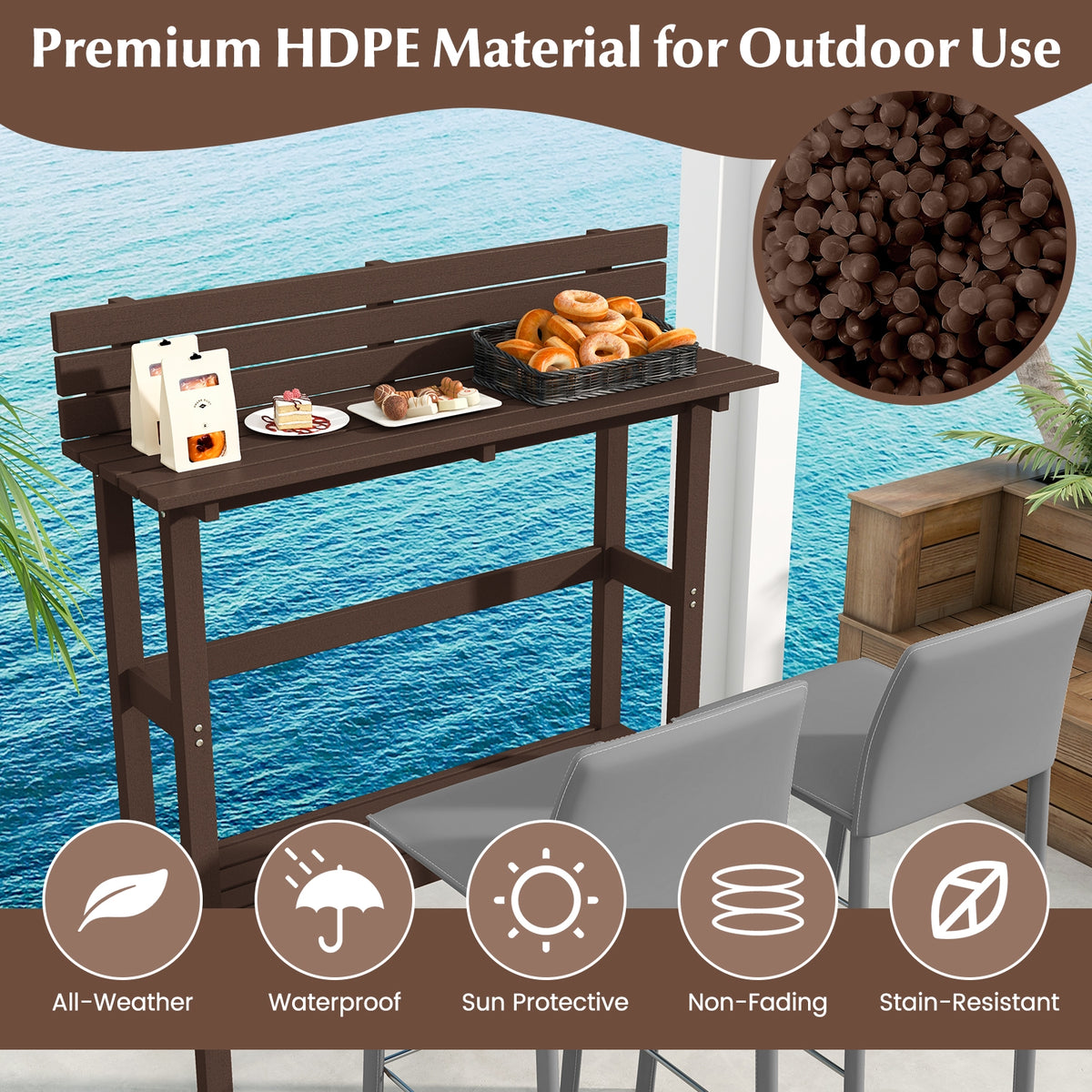 48 Inch Patio Pub Height Table with Storage Shelf and Adjustable Foot Pads-Brown-Patio Coffee Tables-DECOROLALA