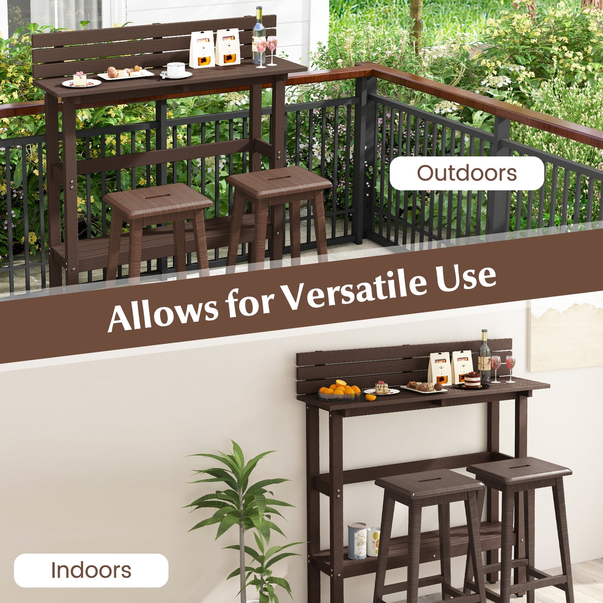 48 Inch Patio Pub Height Table with Storage Shelf and Adjustable Foot Pads-Brown-Patio Coffee Tables-DECOROLALA
