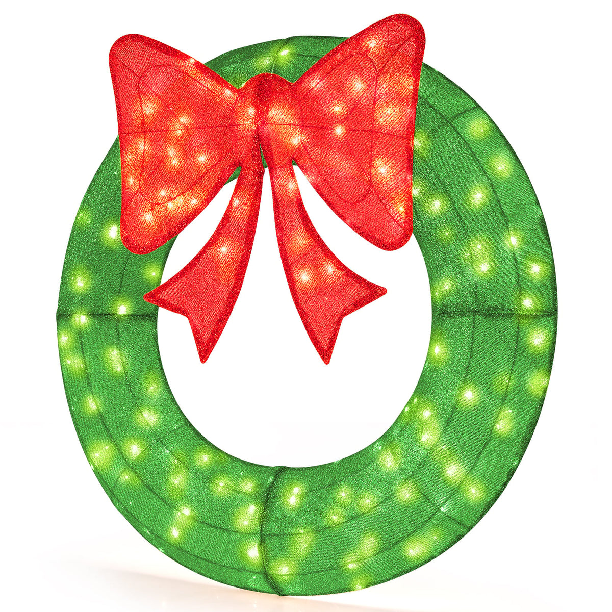 48 Inch Pre-Lit Lighted Christmas Mesh Wreath with Bow and 200 LED Bulbs-Green-Christmas Decorations & Accessories-DECOROLALA