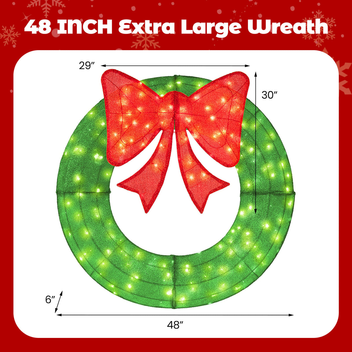 48 Inch Pre-Lit Lighted Christmas Mesh Wreath with Bow and 200 LED Bulbs-Green-Christmas Decorations & Accessories-DECOROLALA