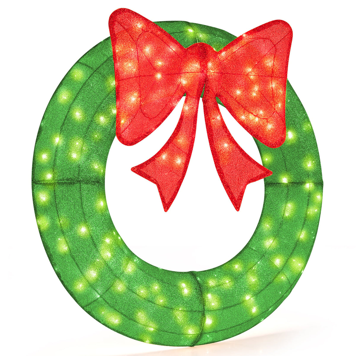 48 Inch Pre-Lit Lighted Christmas Mesh Wreath with Bow and 200 LED Bulbs-Green-Christmas Decorations & Accessories-DECOROLALA