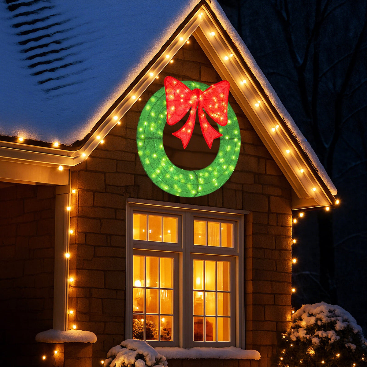 48 Inch Pre-Lit Lighted Christmas Mesh Wreath with Bow and 200 LED Bulbs-Green-Christmas Decorations & Accessories-DECOROLALA