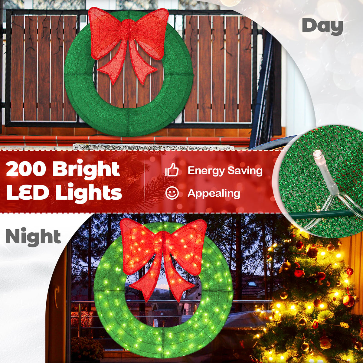 48 Inch Pre-Lit Lighted Christmas Mesh Wreath with Bow and 200 LED Bulbs-Green-Christmas Decorations & Accessories-DECOROLALA
