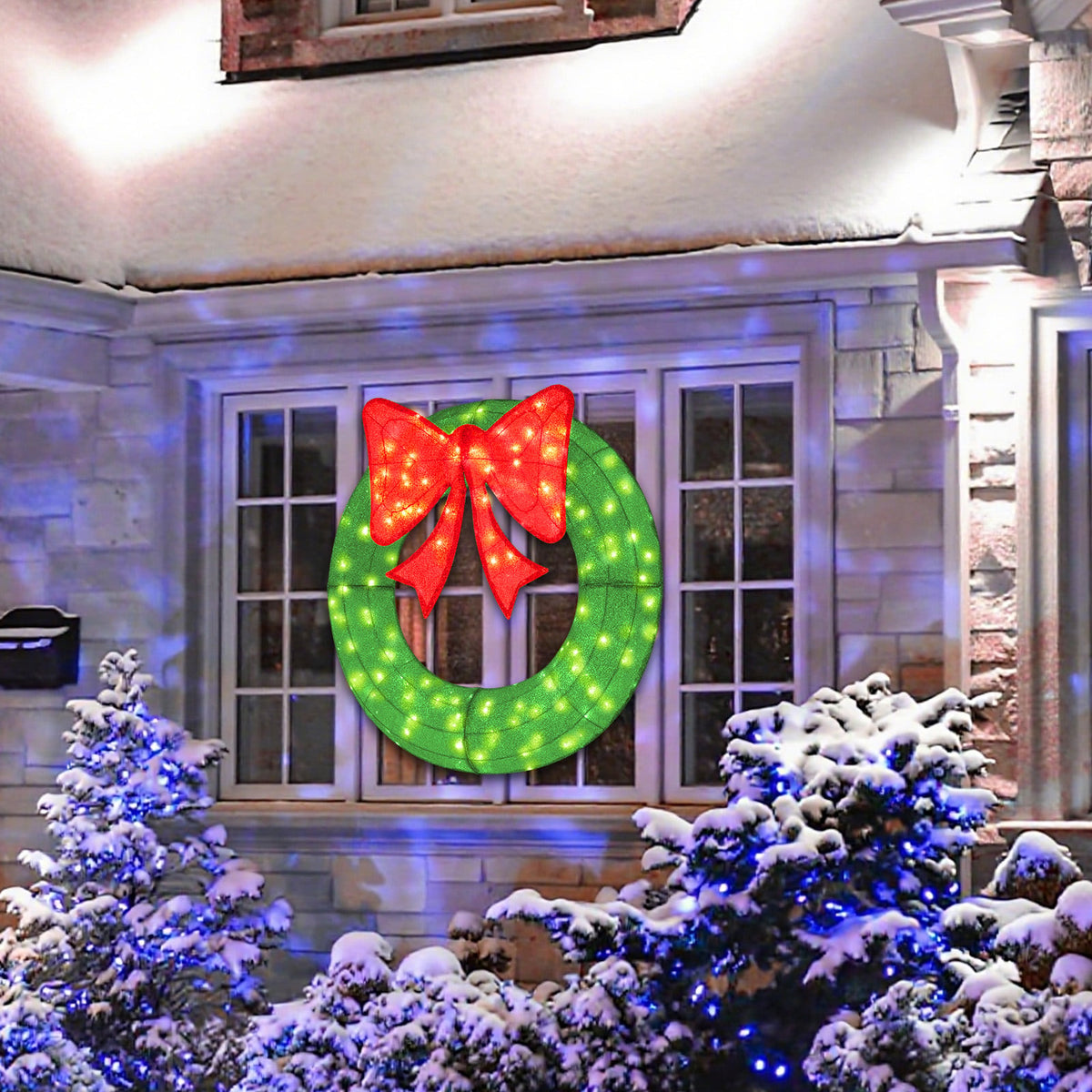 48 Inch Pre-Lit Lighted Christmas Mesh Wreath with Bow and 200 LED Bulbs-Green-Christmas Decorations & Accessories-DECOROLALA