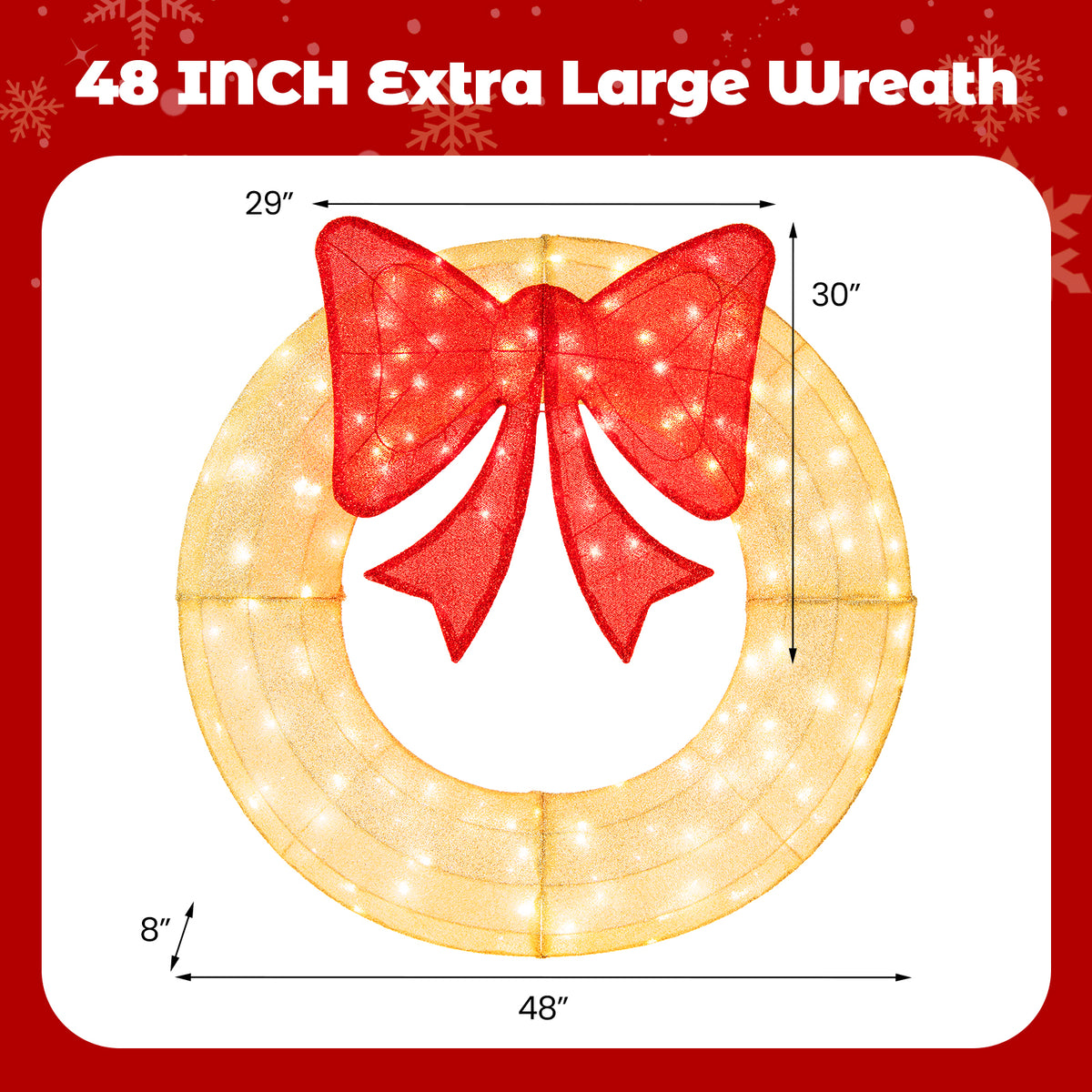 48 Inch Pre-Lit Lighted Christmas Mesh Wreath with Large Bow and 200 LED Bulbs-Christmas Decorations & Accessories-DECOROLALA