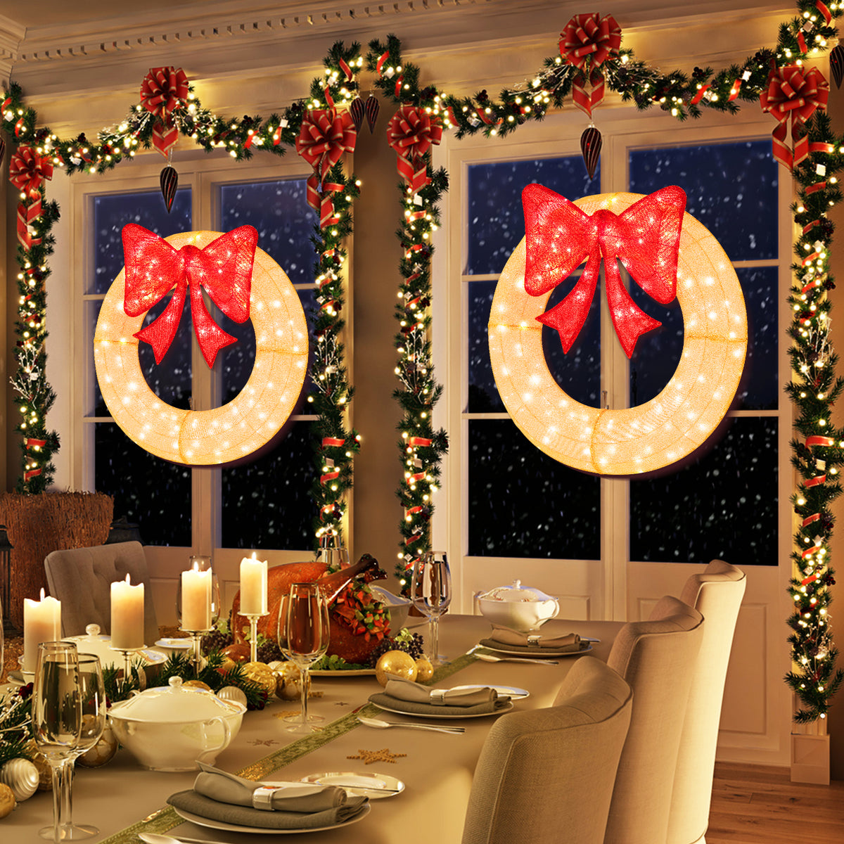 48 Inch Pre-Lit Lighted Christmas Mesh Wreath with Large Bow and 200 LED Bulbs-Christmas Decorations & Accessories-DECOROLALA