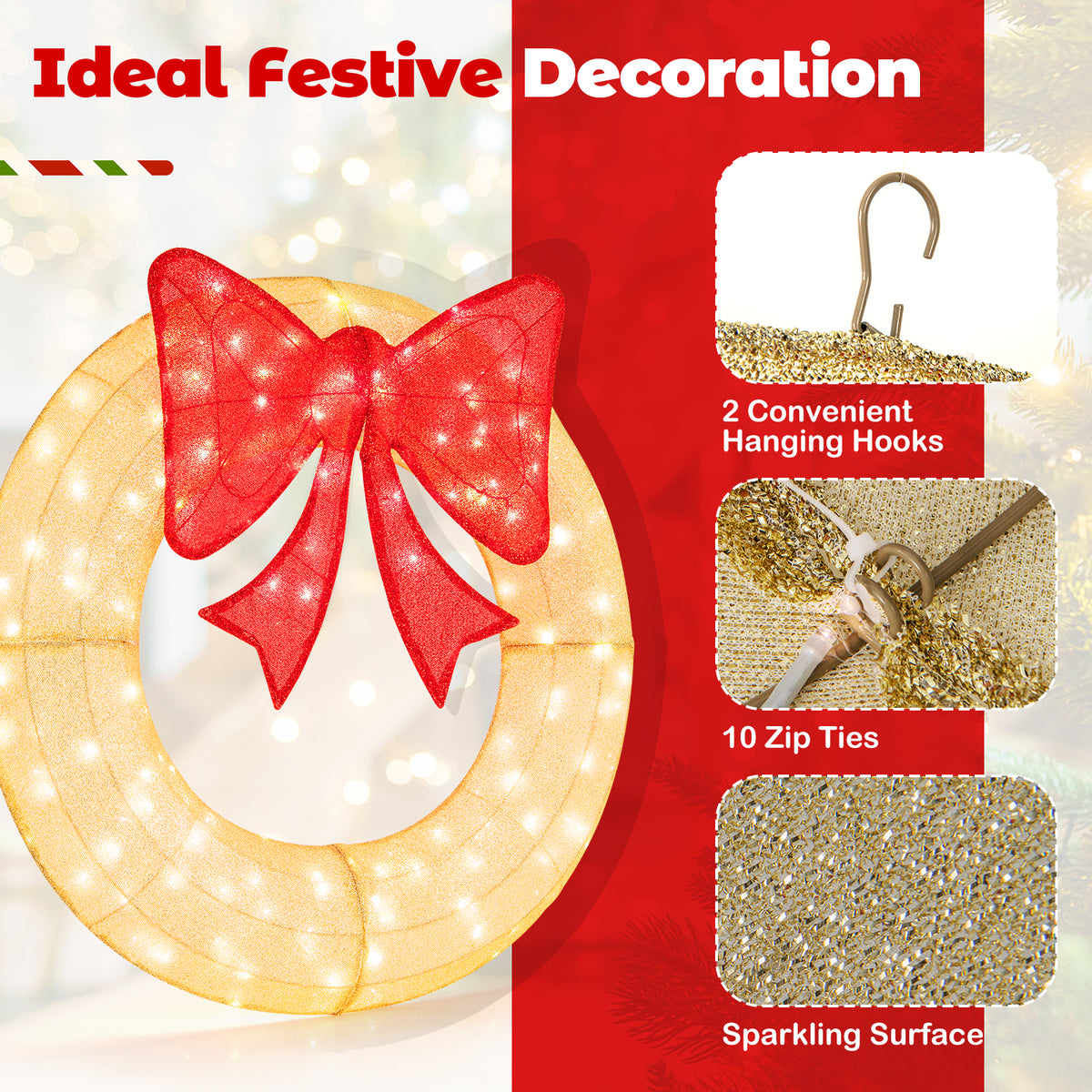 48 Inch Pre-Lit Lighted Christmas Mesh Wreath with Large Bow and 200 LED Bulbs-Christmas Decorations & Accessories-DECOROLALA