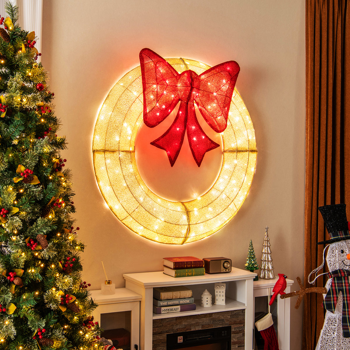 48 Inch Pre-Lit Lighted Christmas Mesh Wreath with Large Bow and 200 LED Bulbs-Christmas Decorations & Accessories-DECOROLALA