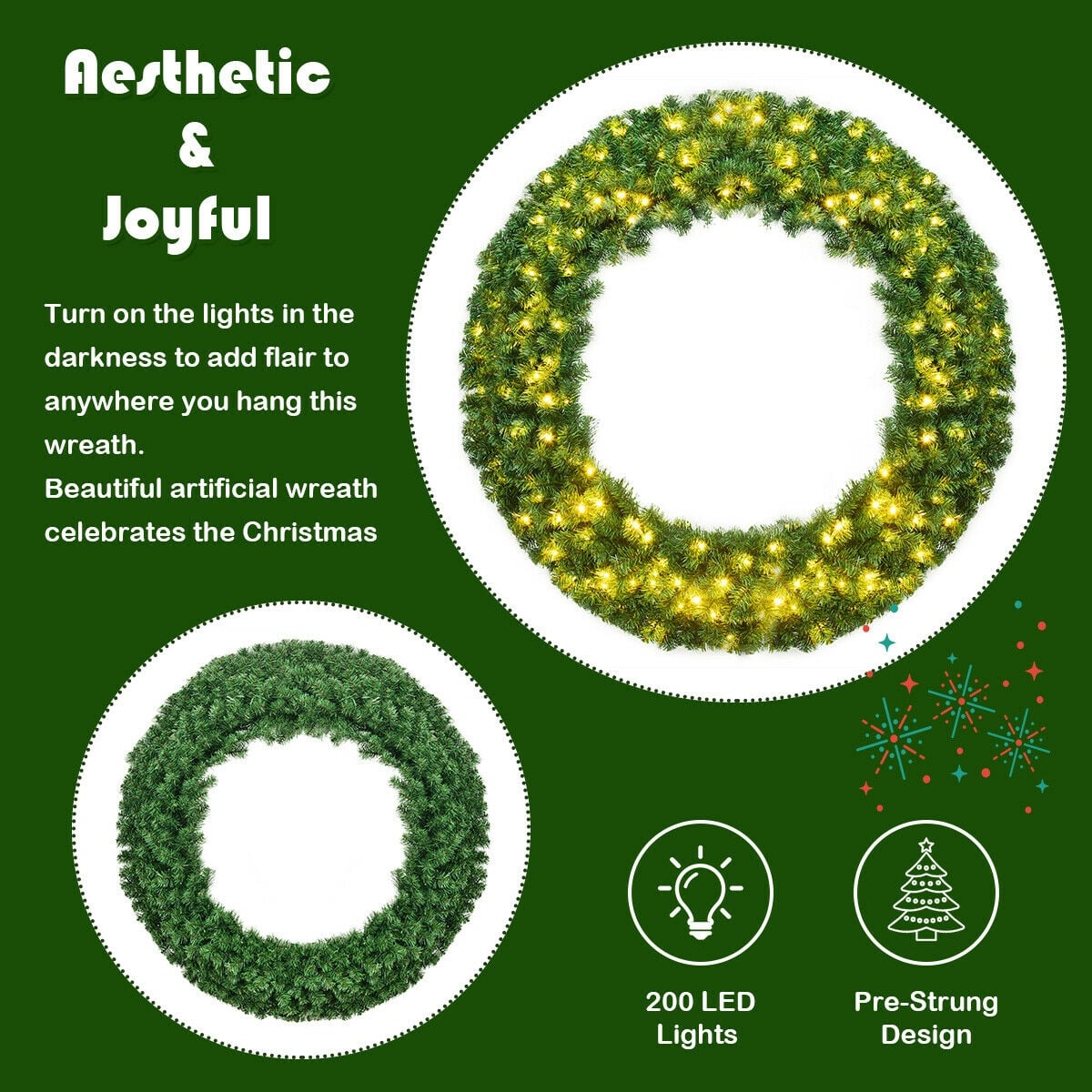 48 Inch Pre-lit Cordless Artificial Christmas Wreath-Christmas Decorations & Accessories-DECOROLALA