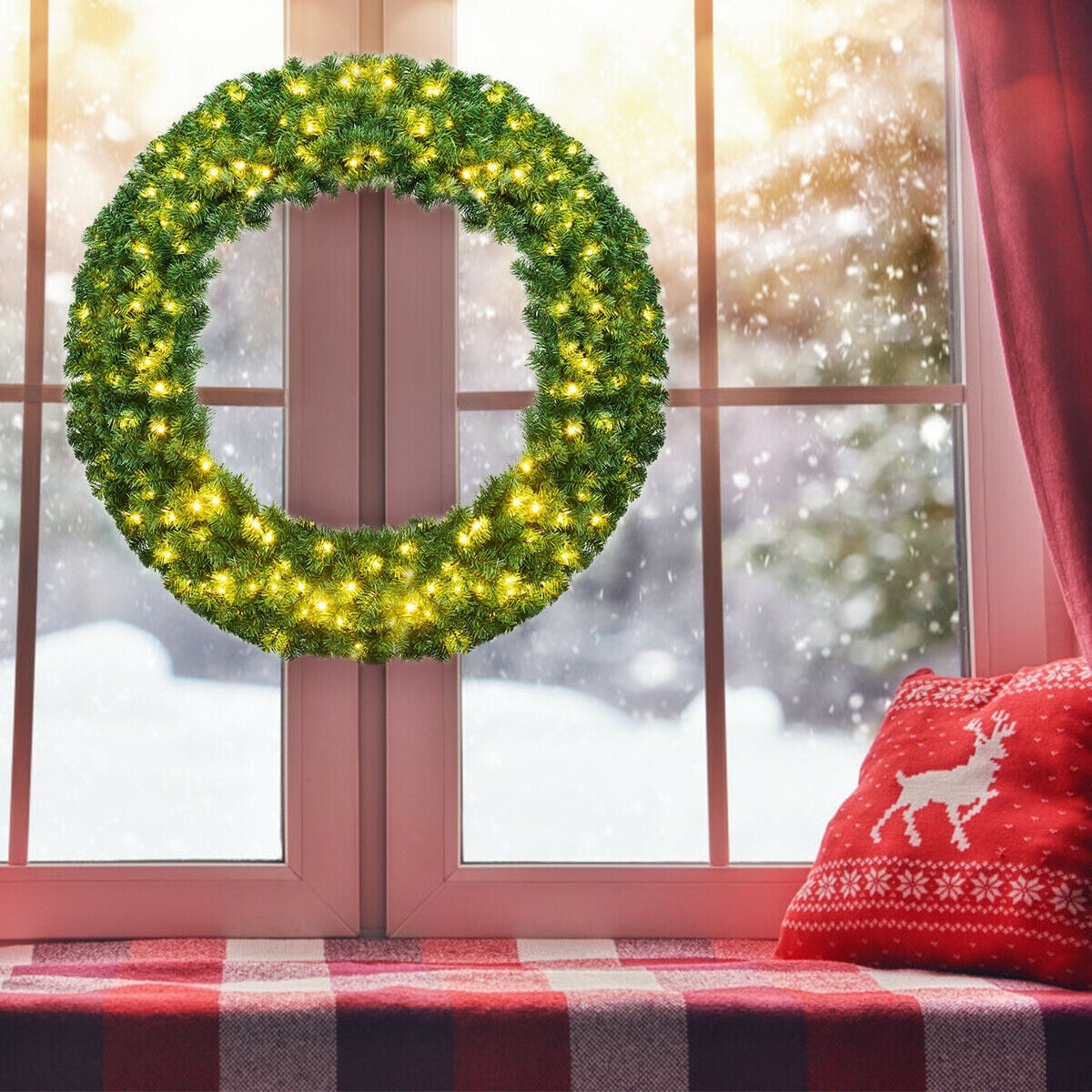 48 Inch Pre-lit Cordless Artificial Christmas Wreath-Christmas Decorations & Accessories-DECOROLALA