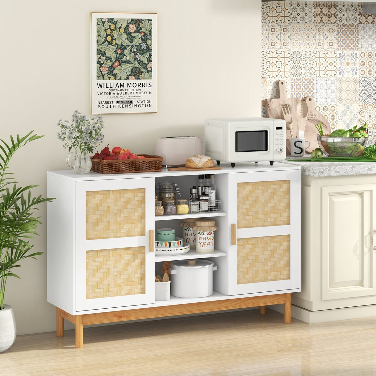 48 Inch Sideboard Buffet Cabinet Floor Storage Cabinet with 2 Bamboo Woven Doors-White-Sideboards & Buffets-DECOROLALA