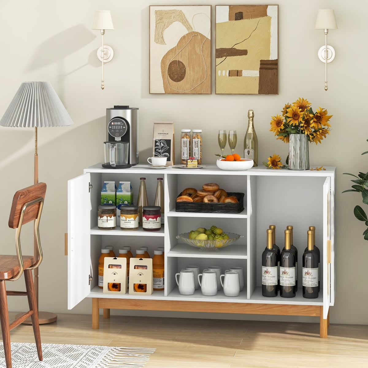 48 Inch Sideboard Buffet Cabinet Floor Storage Cabinet with 2 Bamboo Woven Doors-White-Sideboards & Buffets-DECOROLALA