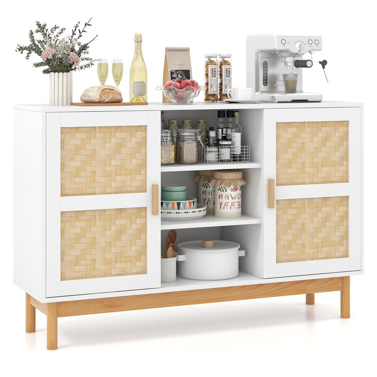48 Inch Sideboard Buffet Cabinet Floor Storage Cabinet with 2 Bamboo Woven Doors-White-Sideboards & Buffets-DECOROLALA