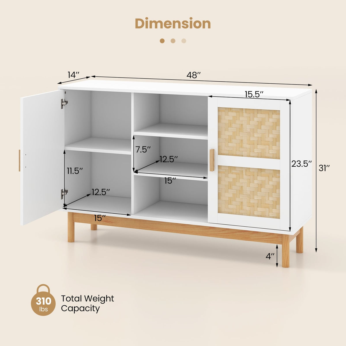 48 Inch Sideboard Buffet Cabinet Floor Storage Cabinet with 2 Bamboo Woven Doors-White-Sideboards & Buffets-DECOROLALA