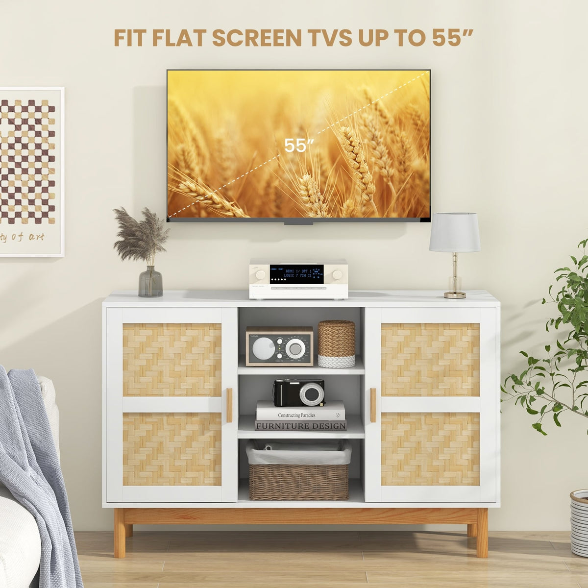 48 Inch Sideboard Buffet Cabinet Floor Storage Cabinet with 2 Bamboo Woven Doors-White-Sideboards & Buffets-DECOROLALA