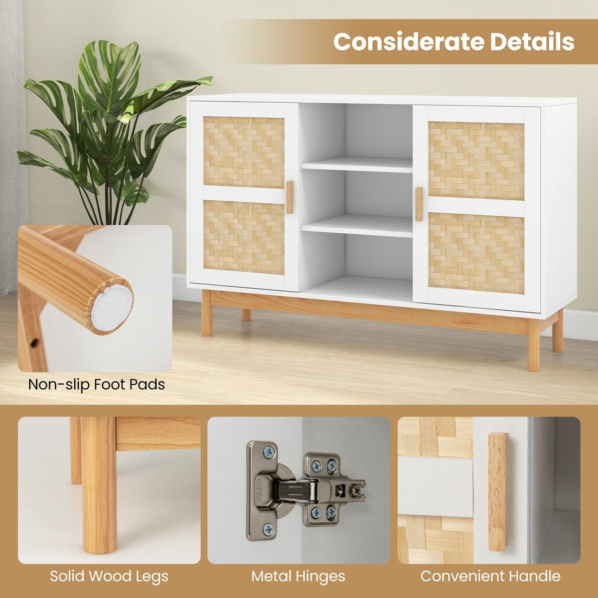 48 Inch Sideboard Buffet Cabinet Floor Storage Cabinet with 2 Bamboo Woven Doors-White-Sideboards & Buffets-DECOROLALA