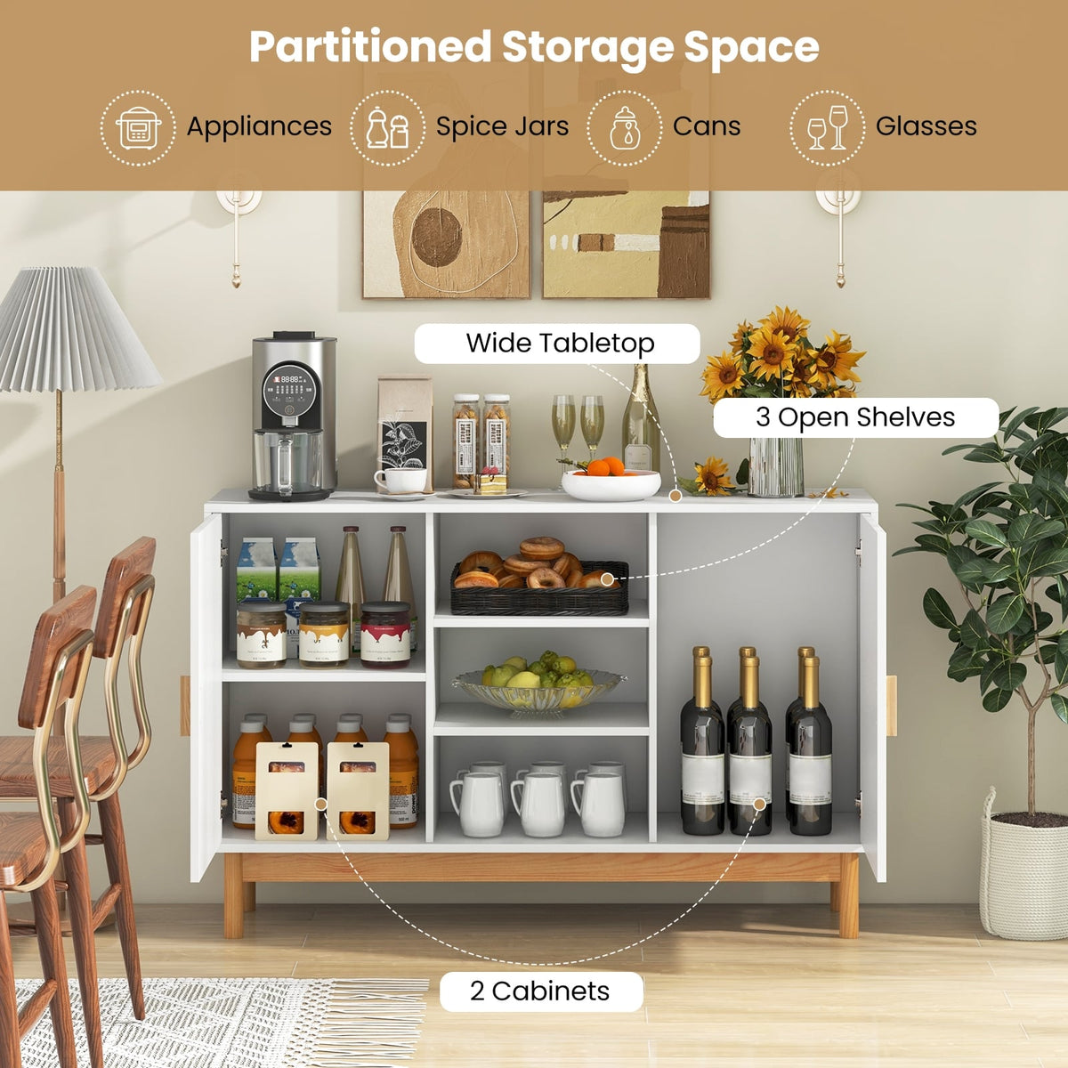 48 Inch Sideboard Buffet Cabinet Floor Storage Cabinet with 2 Bamboo Woven Doors-White-Sideboards & Buffets-DECOROLALA