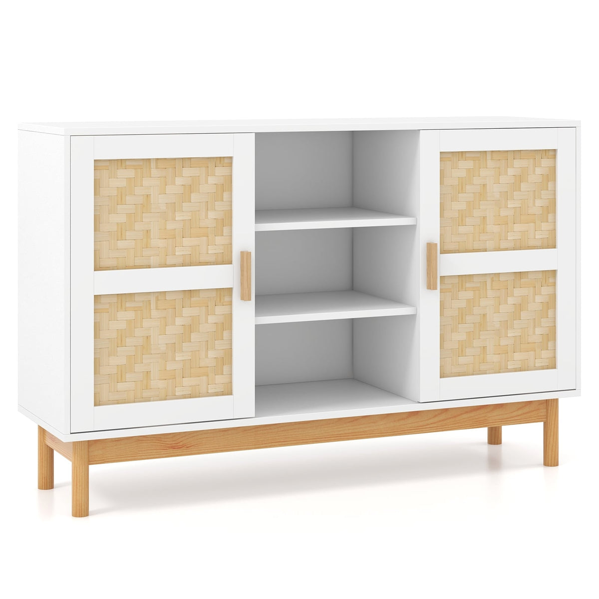 48 Inch Sideboard Buffet Cabinet Floor Storage Cabinet with 2 Bamboo Woven Doors-White-Sideboards & Buffets-DECOROLALA