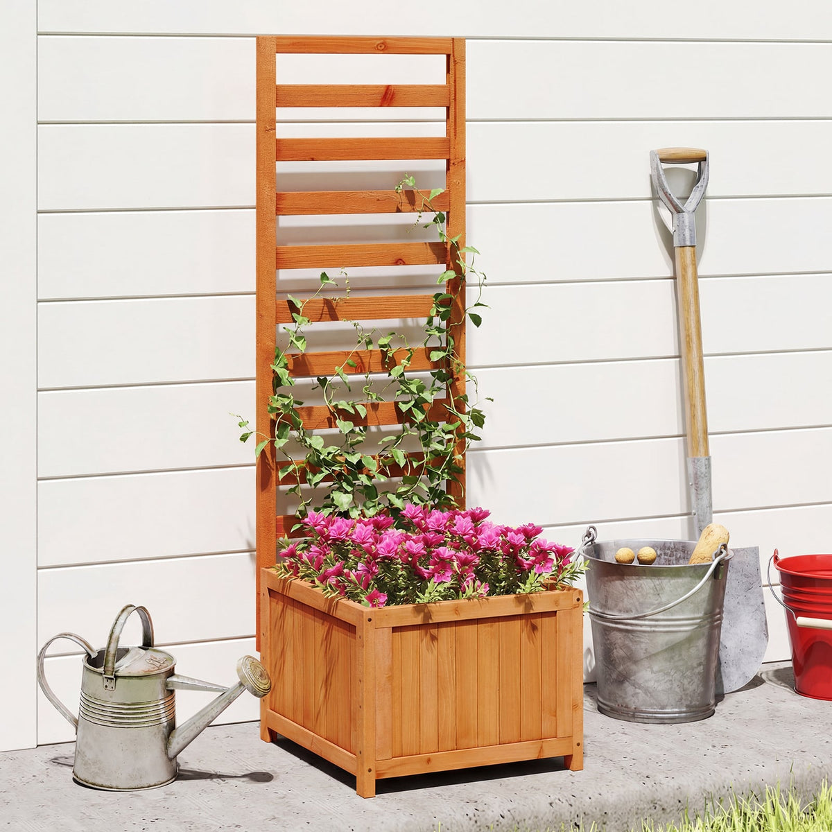48 Inch Wood Raised Garden Bed with Trellis with Drainage Holes-Natural-Raised Garden Beds-DECOROLALA